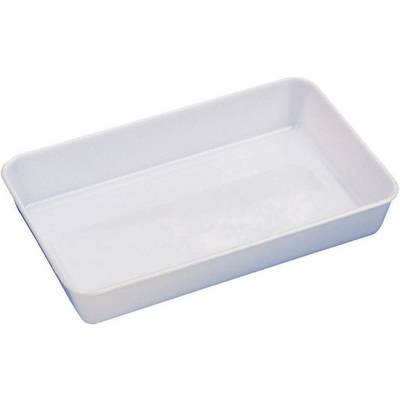 Rectangular, white plastic dish with a flat base and raised edge, suitable for storing or serving food.