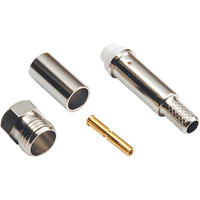 Four metallic connector components, including a cylindrical adapter, a plug pin, a threaded sleeve, and a cover tube.