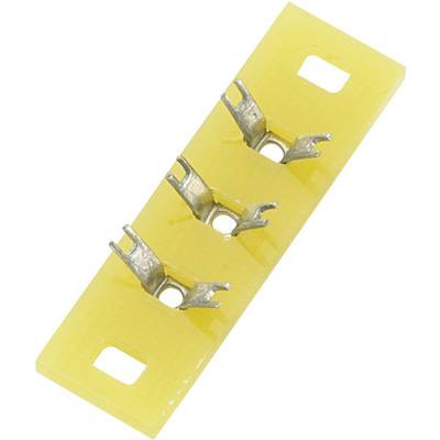 Yellow insulating component with three metallic connector terminals in a row, used for electrical connection or isolation.