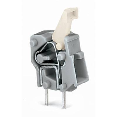 A grey electric switch with a white lever. The switch has two metal pins at the bottom for mounting.