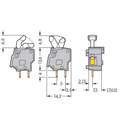 Technical drawing of a switch with multiple views, showing detailed dimensions and spacings in millimetres for precise installation.