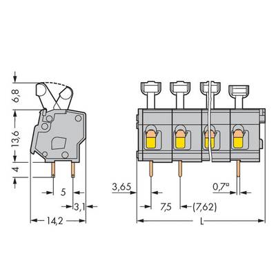 'Technical drawing of an electrical switch with dimensions: 14.2 x 13.6 mm. Details of pins, connections, and cable connection.'