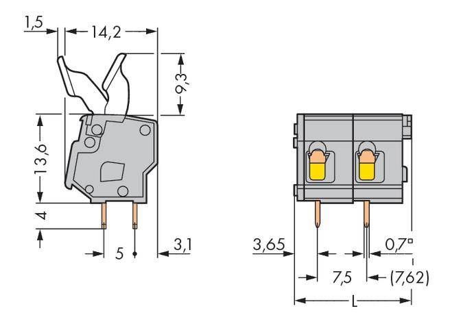 Technical drawing of a switch with dimensions in millimetres. Left shows the side view, right shows the front view.
