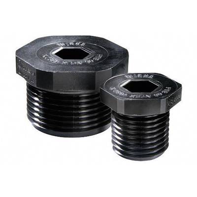 Two black, hexagonal plastic threaded plugs of different sizes, shown against a white background.