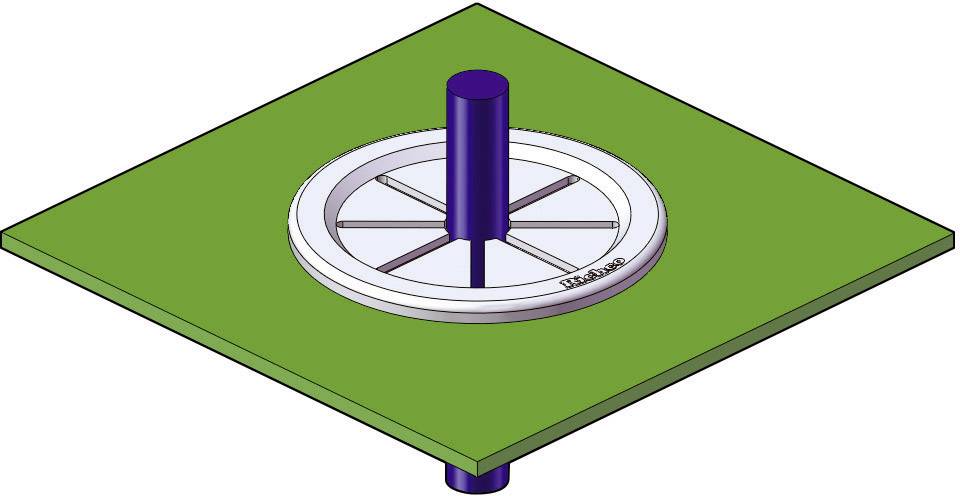 A blue, cylindrical pipe with a support structure sits in the centre of a green, rectangular base.