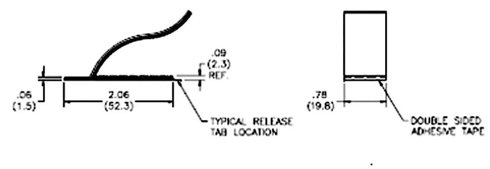 Technical drawing of an approved tab position with dimensional specifications in inches and millimetres; shows double-sided adhesive tape.