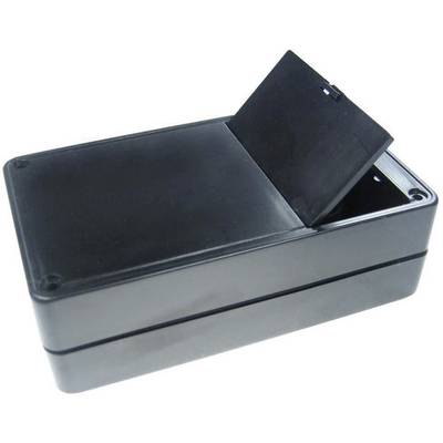 A black, rectangular plastic enclosure with a hinged lid, suitable for electrical or electronic components.