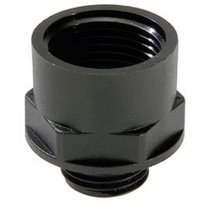 A black cylindrical adapter with internal threading at the top and external threading at the bottom, used for connecting pipelines.
