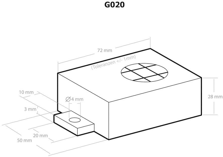 Rectangular technical drawing of a component with ventilation grille at the top, labels indicating dimensions: 72x28x50 mm and tolerances of ±1 mm.