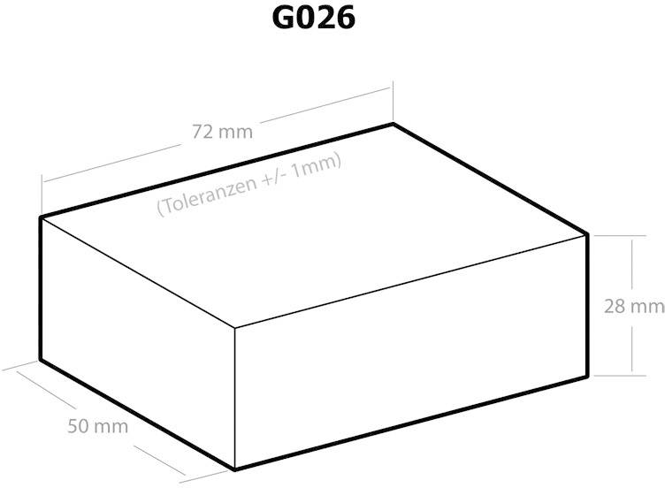 Isometric view of a rectangular object with dimensions 72 mm x 50 mm x 28 mm. Labelled 'Tolerances +/- 1mm'.