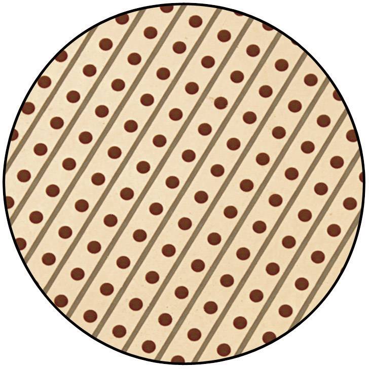 Circular pattern with diagonal stripes and evenly distributed red dots on a beige background.