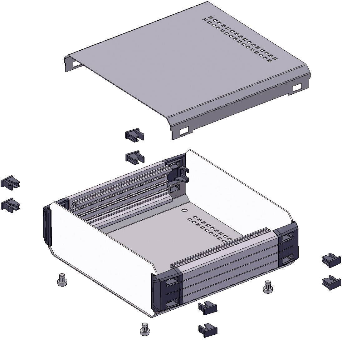 Exploded view of a rectangular metal enclosure with a removable cover. Screws and fixing elements are visible.