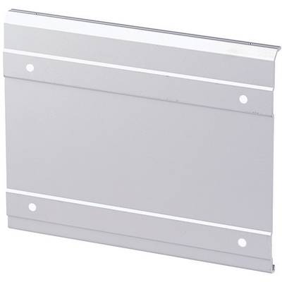 A rectangular, silver metal shield with two horizontal grooves and four drilling holes at the corners for mounting.