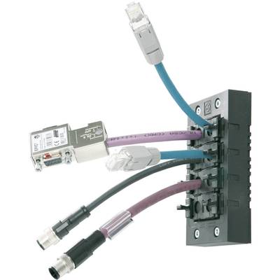 A panel insert with six attached cables designed for Ethernet and M12 connections.