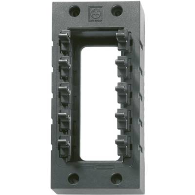 Black plastic frame with a rectangular opening in the centre, surrounded by multiple clips for securing cables.