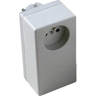 A grey socket adapter with a socket on the front, suitable for connecting electrical devices with different plug types.