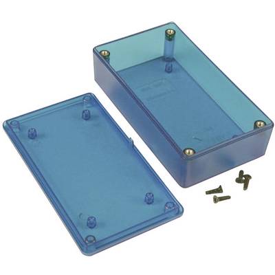 A rectangular, blue plastic enclosure with a removable lid and four mounting screws.