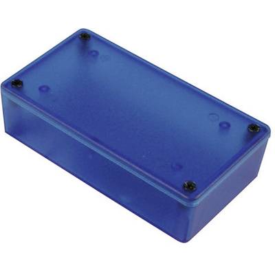 A translucent blue plastic container with a rectangular shape and black screws at the corners.