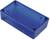 A translucent blue plastic container with a rectangular shape and black screws at the corners.