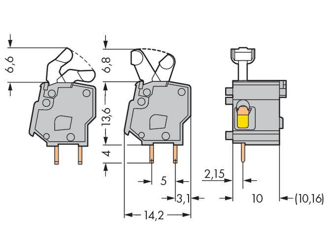 Technical drawing of an electrical switch with dimensions in millimetres. Shows front view and side view of the switch.