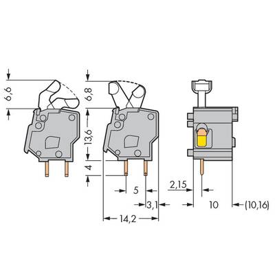 Technical drawing of an electrical switch with dimensions in millimetres. Shows front view and side view of the switch.