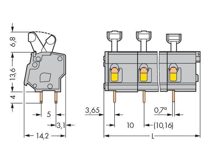 Technical drawing of an electrical connector with dimensions in millimetres. Shows side view and front view.