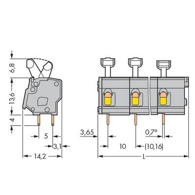 Technical drawing of an electrical connector with dimensions in millimetres. Shows side view and front view.