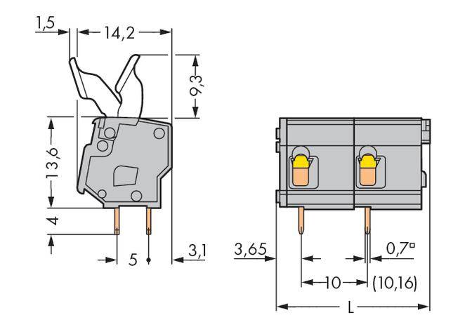 Drawing of a toggle switch with dimensions in millimetres. Shows side view and frontal measurements. Main width 14.2 mm.