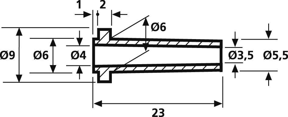 Cross-section drawing of a mechanical component with dimensions. Diameter specifications: 6, 4, 3.5, 5.5, 9. Length: 23. Additional measurements: 1, 2.