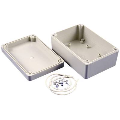 Grey, rectangular plastic housing with removed lid, four screws and a cable.