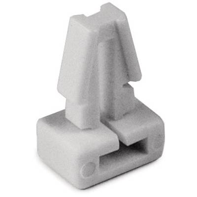 Single component of a LEGO-style construction set, a grey connector with a broad base and two upright struts, against a white background.