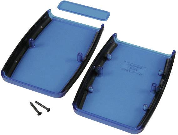 Two blue plastic covers with four screws, presumably parts of an enclosure that can be assembled together.