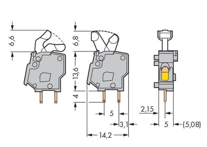 Technical drawing of a switch with dimensions: Height 13.6 mm, Width 5 mm, Depth 14.2 mm. Shows different views and spacings.