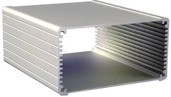 Metallic rectangular enclosure, open at both ends, equipped with lateral cooling fins for heat regulation.