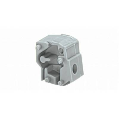 Grey mechanical component with multiple openings and protruding elements.