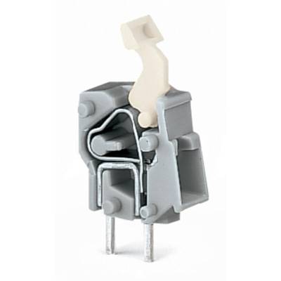 Grey-white electrical connector with lever mechanism, two metal pins for PCB mounting.