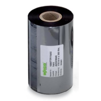 Roll of a black thermal transfer ribbon with a label displaying technical specifications and the brand 'WJCO'.
