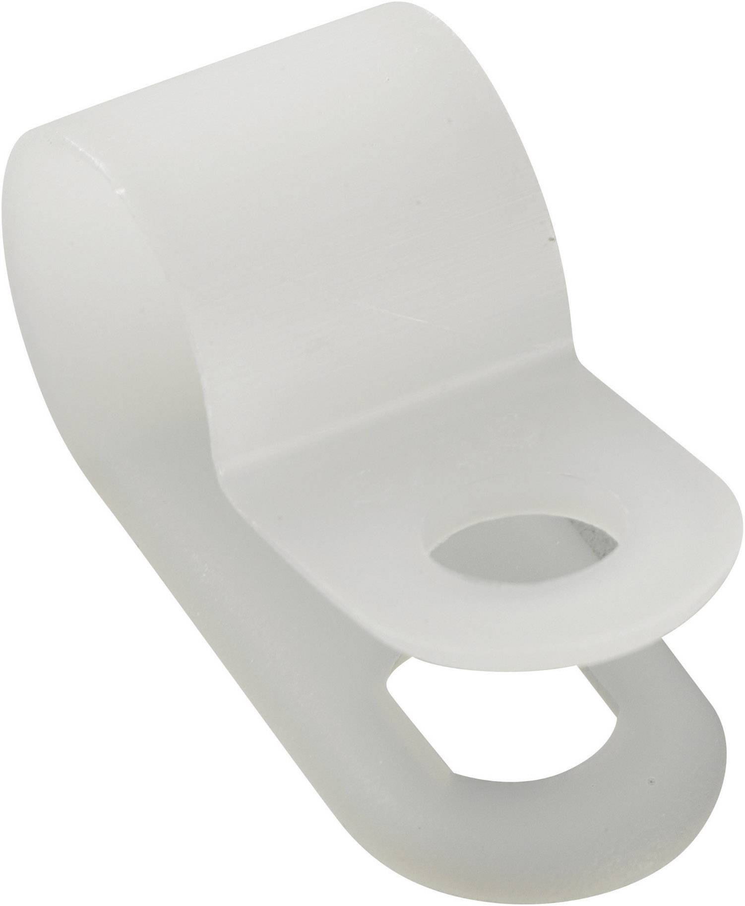 A white plastic cable clip with an opening for attachment and a loop for cable retention.