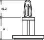 Technical drawing of a plug with dimensions of 10.2 on the top surface and 'A' on the side, showing details of an electrical contact.