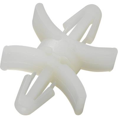 A white plastic wall plug in a cross shape, used for fixing items into walls.