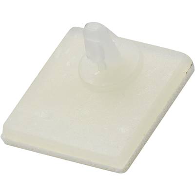 Transparent plastic bi-hook with a square base, suitable for holding components or fixing in electronic applications.