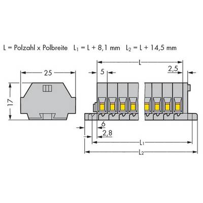 Technical drawing of a connector with dimensions: Width 25mm, Height 17mm, Depth 2.8mm. Various measurements and formulas for L1 and L2 indicated.
