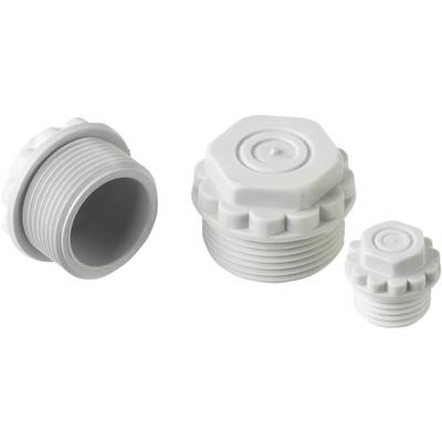 Three grey plastic screw caps, two are larger and closer, one is smaller and further away. They have ridged edges.