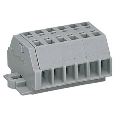 Grey multi-pin connector with several square terminals for electronic connections, mountable from the side.