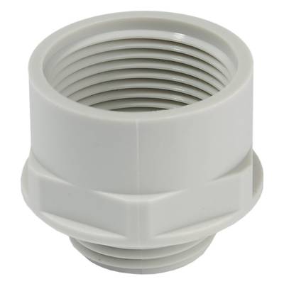 A grey, cylindrical PVC pipe connector with internal threading. Suitable for installations in plumbing or irrigation systems.