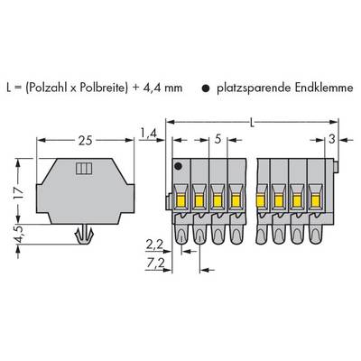Technical drawing of terminal blocks with dimensions: width 25mm, height 17mm, depth 4.5mm, with 4-pole connection option.