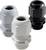 Three cable glands in Grey, White and Black.