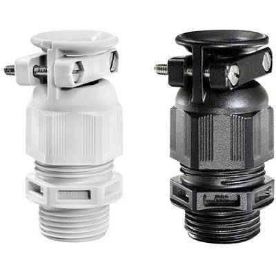 Two cable glands: a white one on the left and a black one on the right. Both are cylindrical, with two separate cable entries on the top.