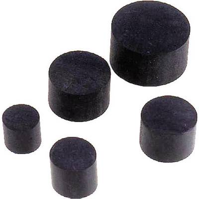 Five black, varying in size, cylindrical magnets on a white background, demonstrating the diversity of magnet sizes.