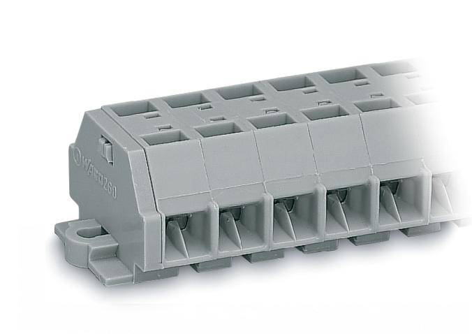 A grey, modular connector block with multiple terminal connections, suitable for electrical circuits.